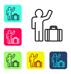 Black Line Tourist With Suitcase Icon Isolated