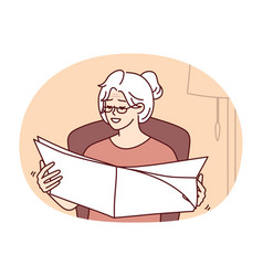 Elderly Gray-haired Woman Reads Newspaper