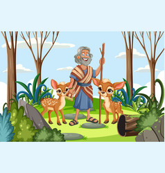 Cheerful Old Man Standing With Two Young Deer