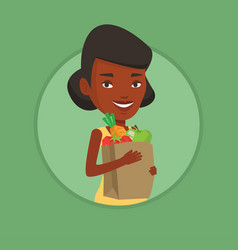 Happy Woman Holding Grocery Shopping Bag