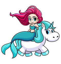 Cute Mermaid Riding A Unicorn Cartoon Clip Art