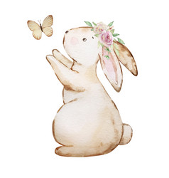 Watercolor Spring Easter Bunny With A Bouquet