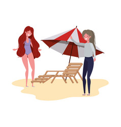 Women Standing In Beach With Umbrella