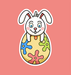 Cute Easter Rabbit On Easter Egg In Sticker Style