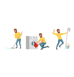 Happy Bearded Man In Yellow Sweater Mopping