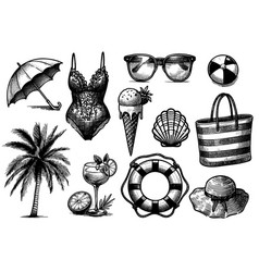 A Set Black And White Drawings Beach Items