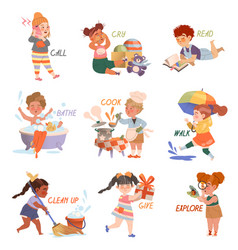 Cute Kids Doing Different Activities Set Verbs