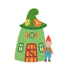 Bearded Old Gnome Next To His Tiny Fancy House