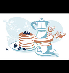 Composition Of Breakfast Objects Coffee Pancakes