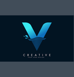 Blue V Letter Logo With Waves And Water Drops