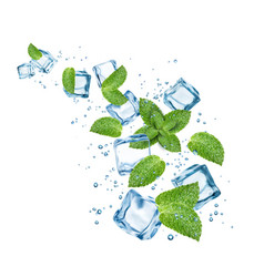 Blue Water Flow Ice Cubes Mint Leaves Bubbles