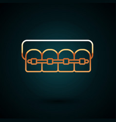 Gold Line Teeth With Braces Icon Isolated On Dark