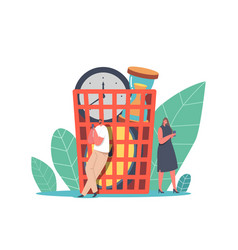 Tiny Characters Idle At Huge Basket With Alarm