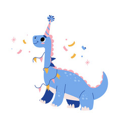 Cute Blue Dinosaur At Birthday Party In Cap With