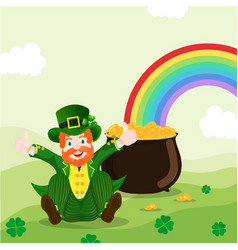 Cheerful Leprechaun Man Sitting With Golden Coins