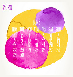 June Year 2020 Watercolor Paint Monthly Calendar