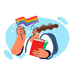 Woman With Backpack And Textbooks Holds Lgbt Flag