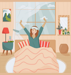 Young Happy Woman In Sleep Mask Stretching Her