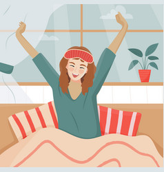 Young Happy Woman In Sleep Mask Stretching Her