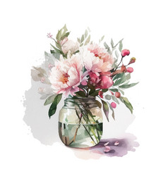 Watercolor Bouqet With Wild Pink And White Flowers