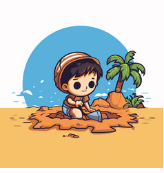 Cute Little Boy Sitting On The Beach In Cartoon