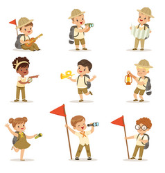 Set of girls and boys in scout costumes Royalty Free Vector