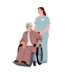 A Nurse Is Wheeling An Old Man In Wheelchair