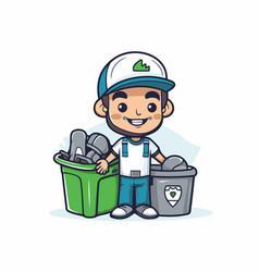 Cartoon Worker With Trash Can And Garbage Bin