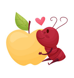 Cute Ant Character Hugging Big Apple Fruit