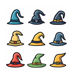 Collection Nine Colorful Cartoon Witch Hats