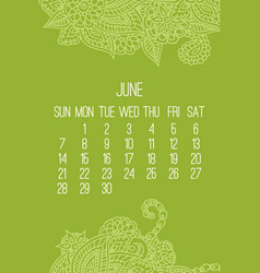 June Year 2020 Monthly Doodle Ornate Calendar