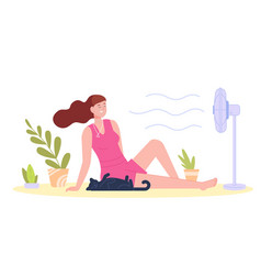 Woman Cooling Fan Relaxing Girl With Pet Using