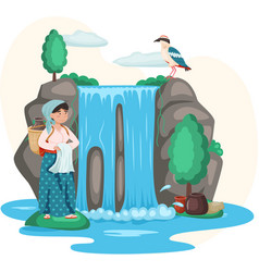 Woman With Jug Stands Near Waterfall With Clean