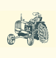 Hand Drawing Vintage Old Tractor With Farmer