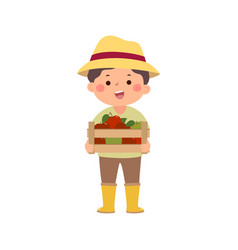 Gardener Boy Holding Wooden With Fresh Fruits