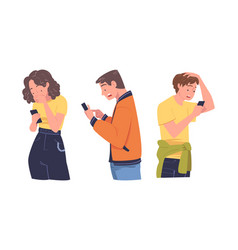 Man And Woman Character With Smartphone Reading