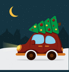 A Red Car Carries Christmas Tree Against