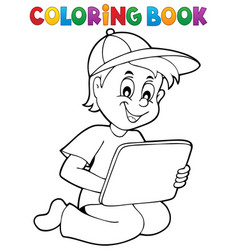 Coloring Book Boy Playing With Tablet