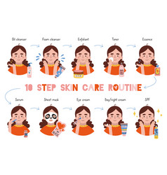 Girl Applies Face Skin Care Routine Cartoon Style