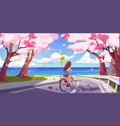 Girl Ride Bicycle On Road Falling Sakura Petals