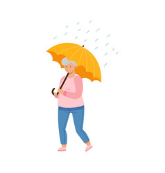 Grey Haired Senior Woman Walking Under Umbrella