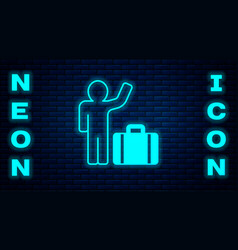 Glowing Neon Tourist With Suitcase Icon Isolated