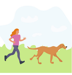 A Girl Runs In The Park With Her Dog