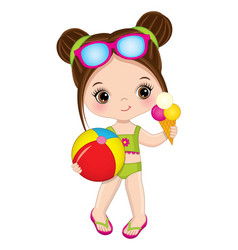 Cute Little Girl Holding Beach Ball And Ice Cream