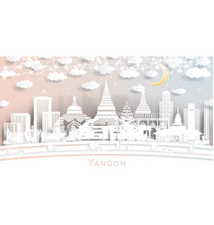 Yangon Myanmar City Skyline In Paper Cut Style