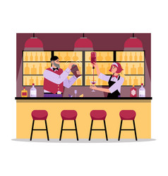 Bartender Man And Woman Mixing And Pouring Drinks