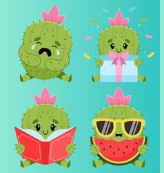 Set Of Cute Handdrawn Cactuses Reading Book Eating