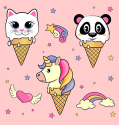 Set Ice Cream With Unicorn Cat Panda