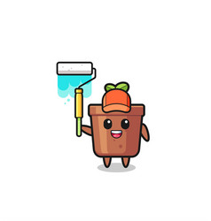 Plant Pot Painter Mascot With A Paint Roller