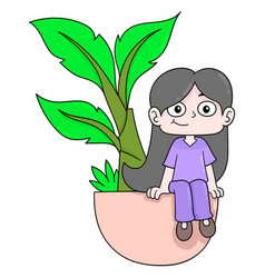 Woman Sitting On A Banana Tree Potted Plant